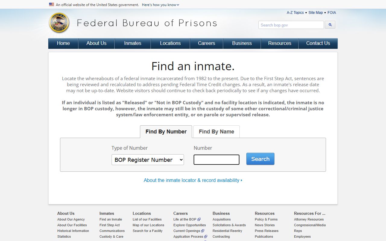 Federal Bureau of Prisons inmate locator for the federal inmate population