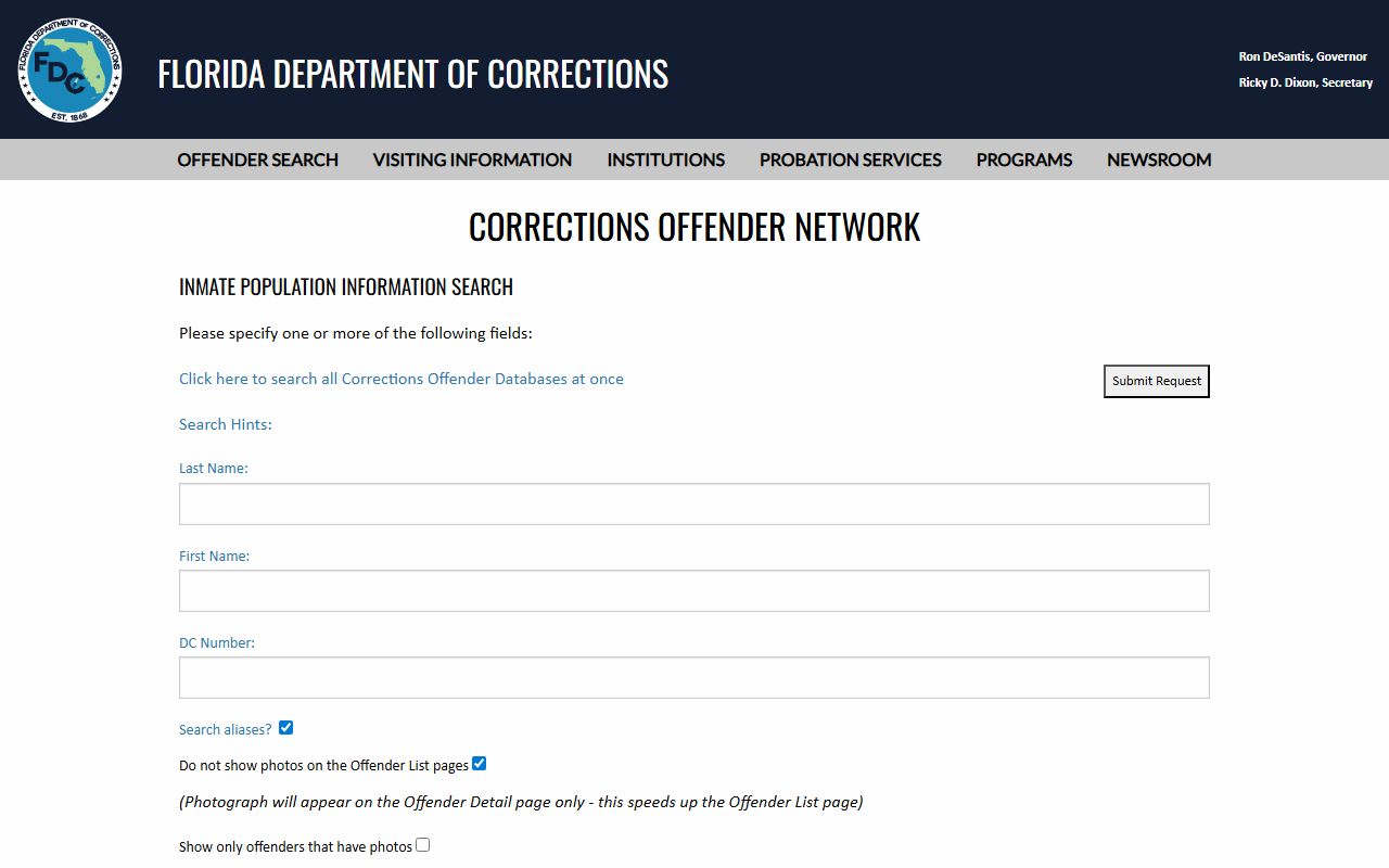Florida Department of Corrections offender search for the state prison population