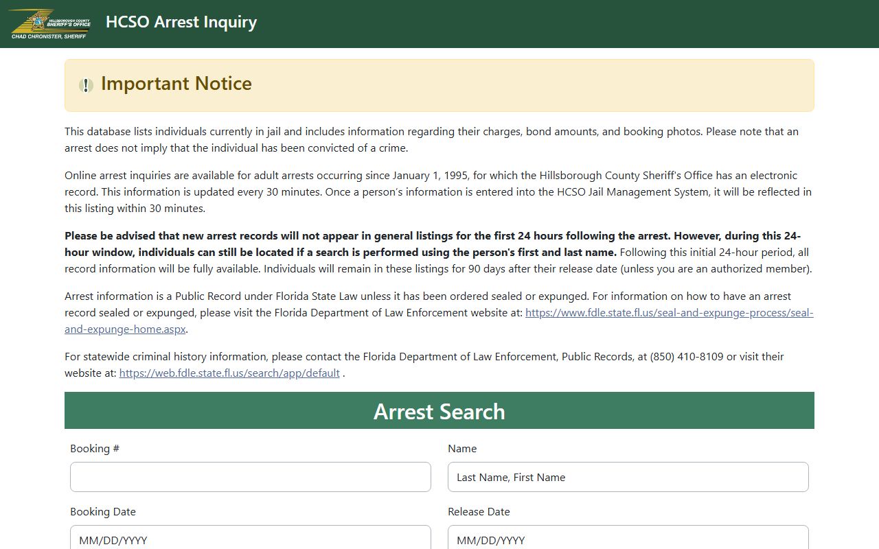 Hillsborough County jail roster Arrest Inquiry search form with booking number and name fields