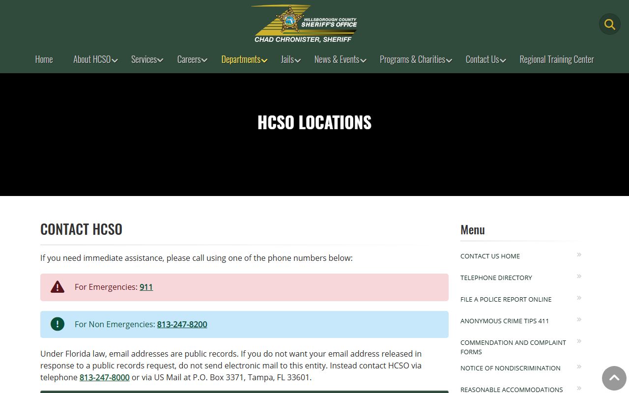 Hillsborough County Sheriff locations page listing Orient Road Jail capacity and address