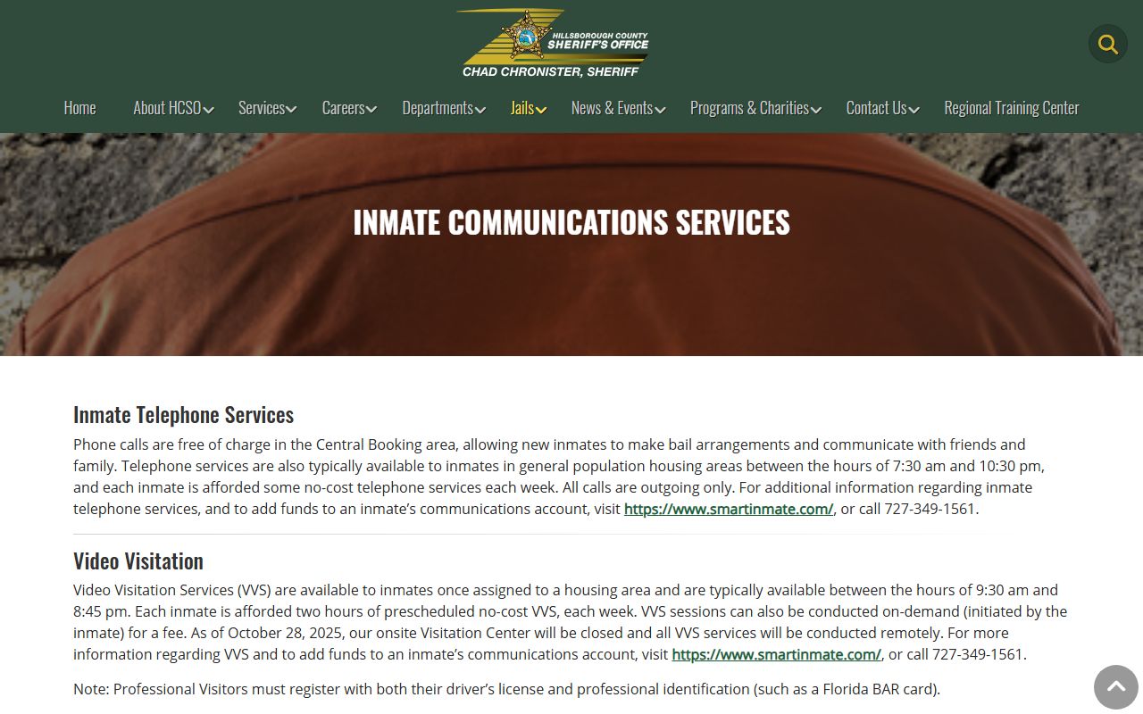 Hillsborough County jail inmate communication services page with mail, phone, and video rules