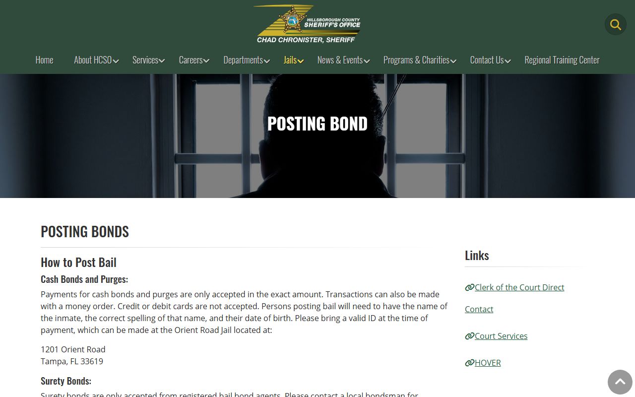 Hillsborough County Sheriff posting bond page with cash bond and surety instructions after an arrest