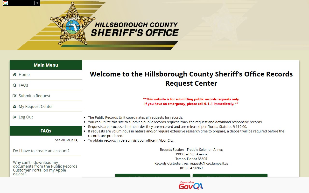 Hillsborough County Sheriff public records center used to request a jail booking photo